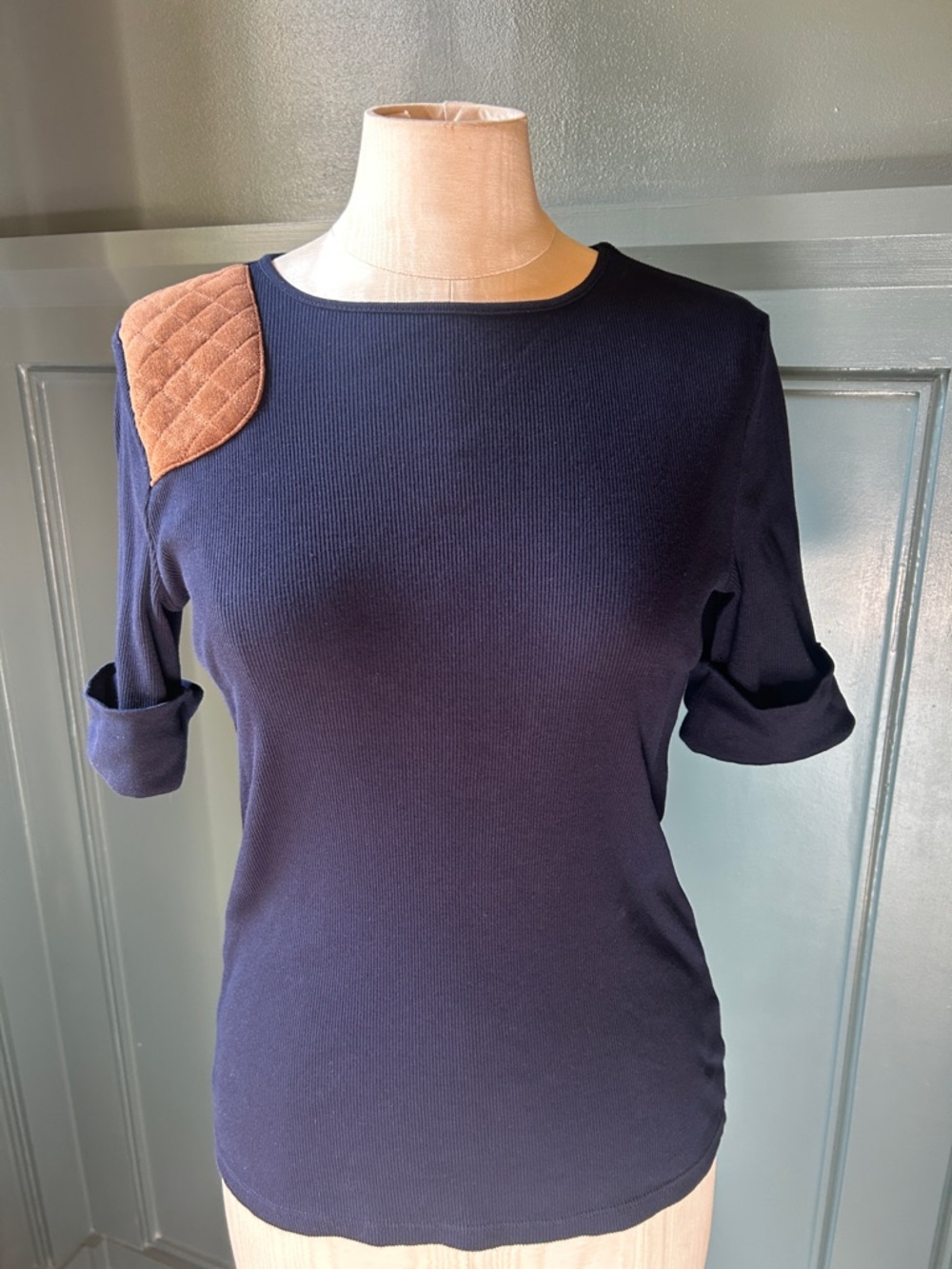 Ralph Lauren Navy Knit Top with Quilted Tan Shoulder Patch